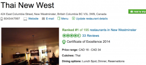 Thai New West TripAdvisor Certificate of Excellence 2014