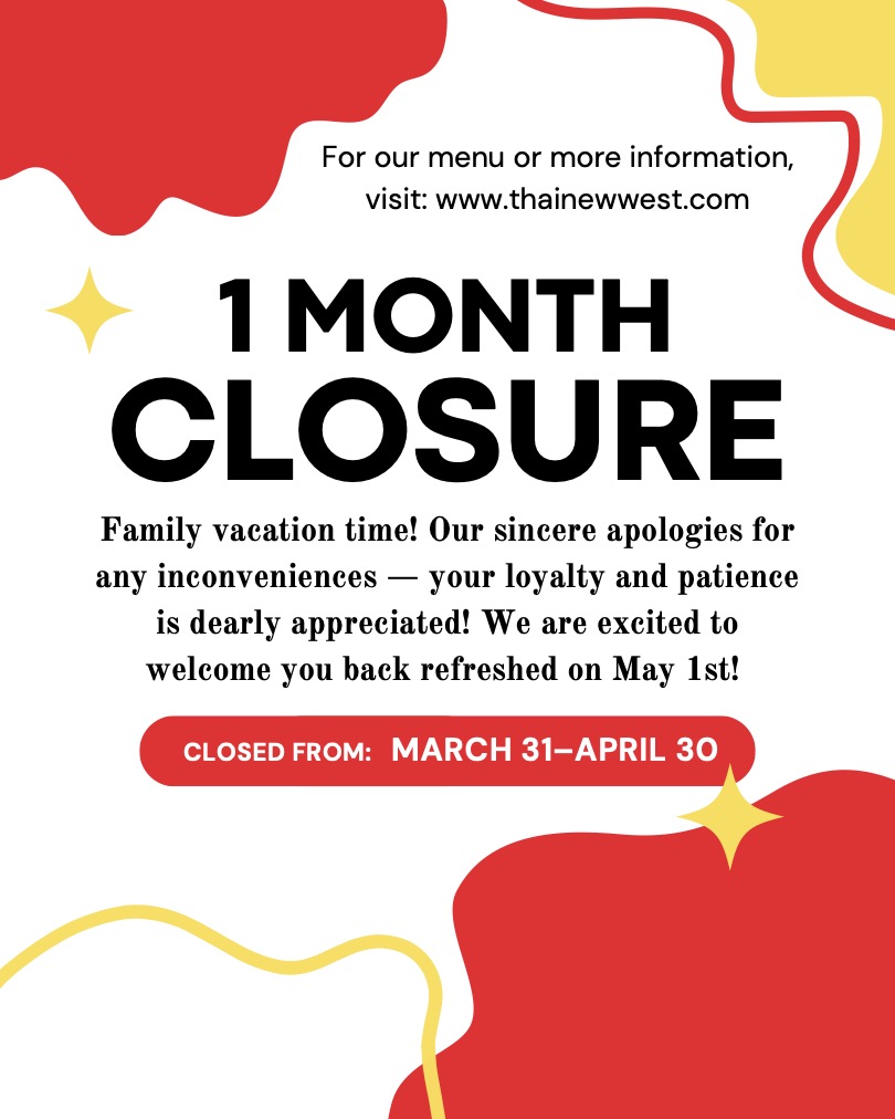 Closed for vacation March 30 - April 30, 2026